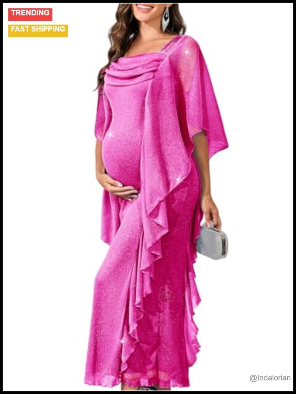 Maternity Formal Maxi Dress Ruffle Sparkly Square Neck Long Sleeve